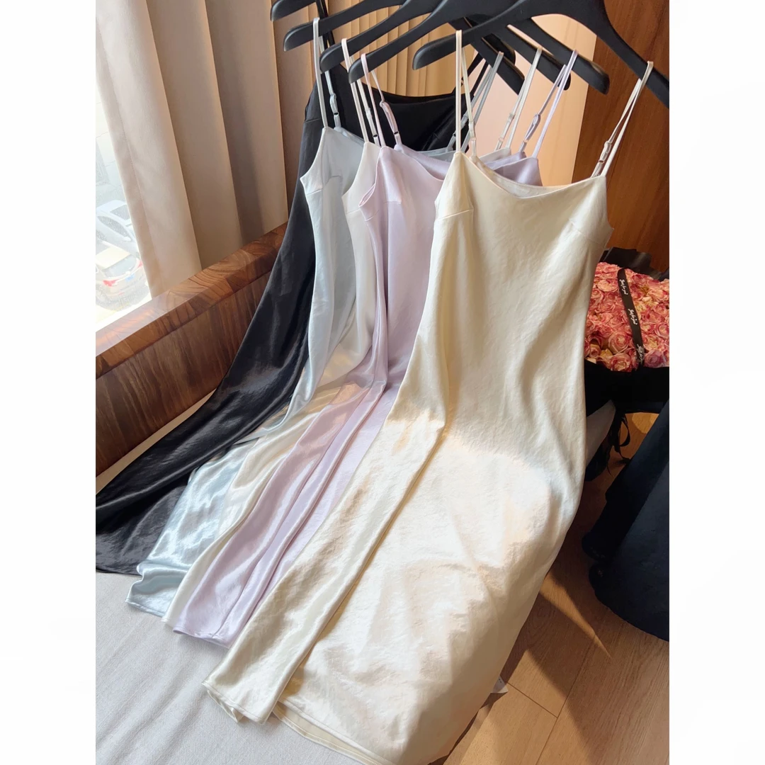 armoirelin 夏季新款长裙缎面显瘦百搭中长款连衣裙