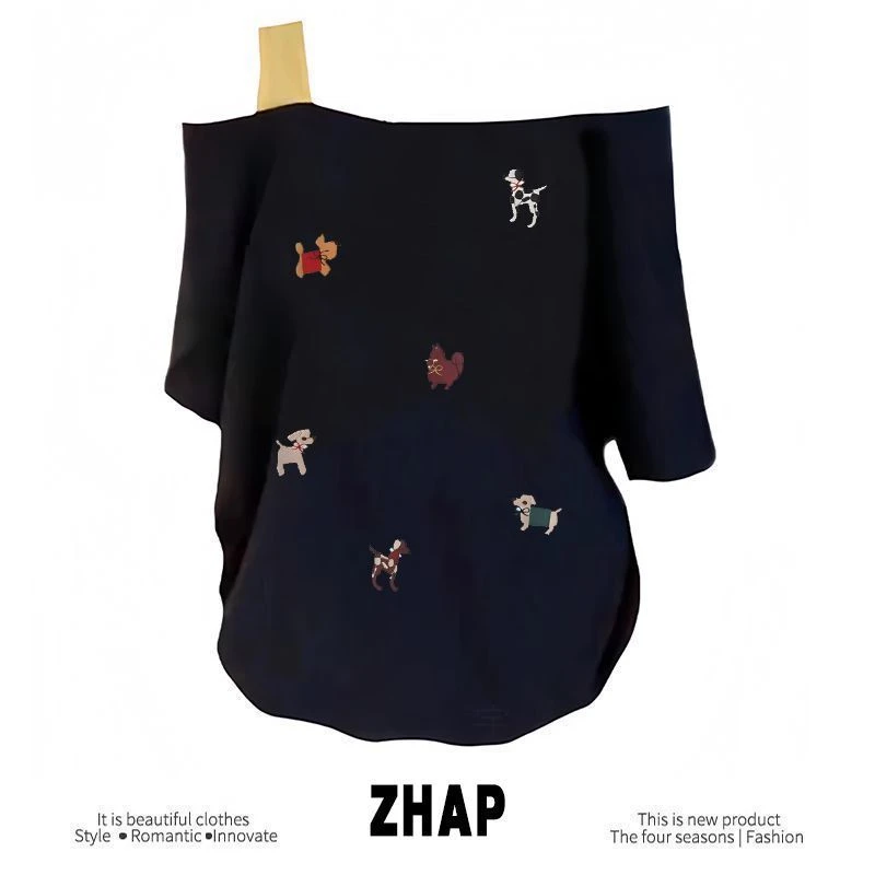 【ZHAP】夏季单肩露肩吊带宽松短袖t恤女藏青色松弛感休闲百搭上衣