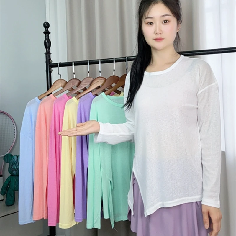 微透运动瑜伽罩衫女夏季中长款宽松显瘦长袖跑步上衣训练健身外搭