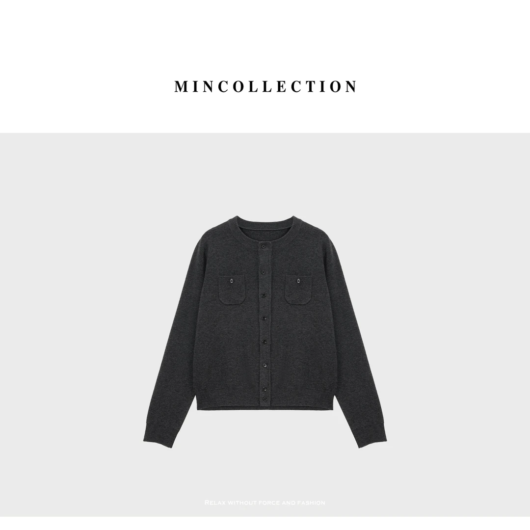 DE Mincollection口袋灰开衫//羊毛混纺老钱圆领排扣开衫55925