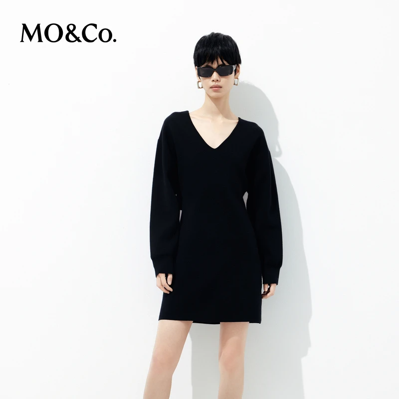 【诗语专属】【美丽诺绵羊毛】MOCO春露腰黑色针织连衣裙MBC1DRS030