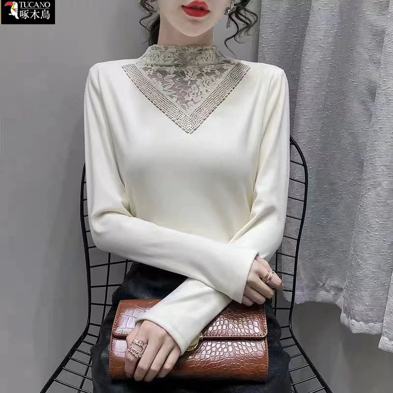 啄木鸟2025年冬季德绒长袖打底上衣女新款中领拼接设计高级感T恤