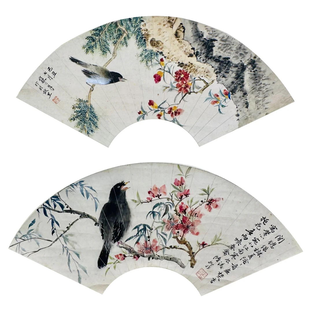 江寒汀、陆抑非 1949年作 花卉翎毛扇面二帧 立轴 19×52cm×2