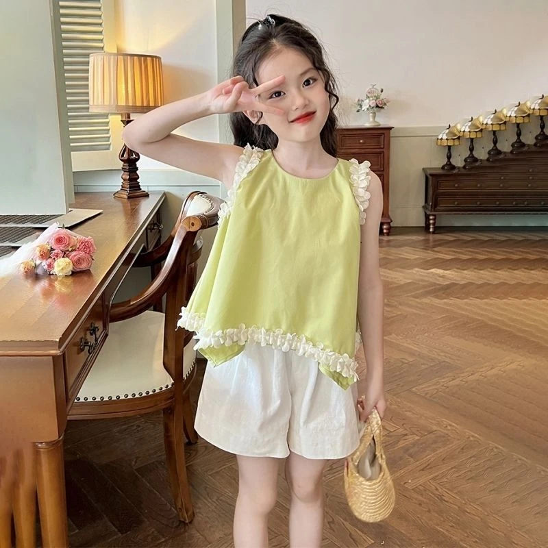女童夏装两件套女童夏季套装2025韩版无袖衫中大童纯棉洋气无规则