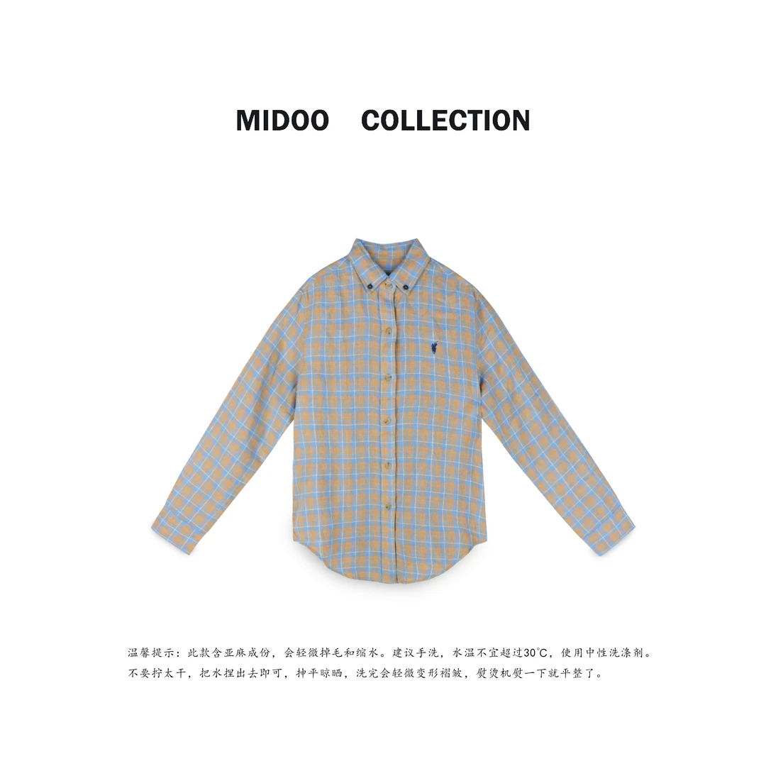 MIDOO 复古港味 2024早春撞色刺绣格纹衬衫