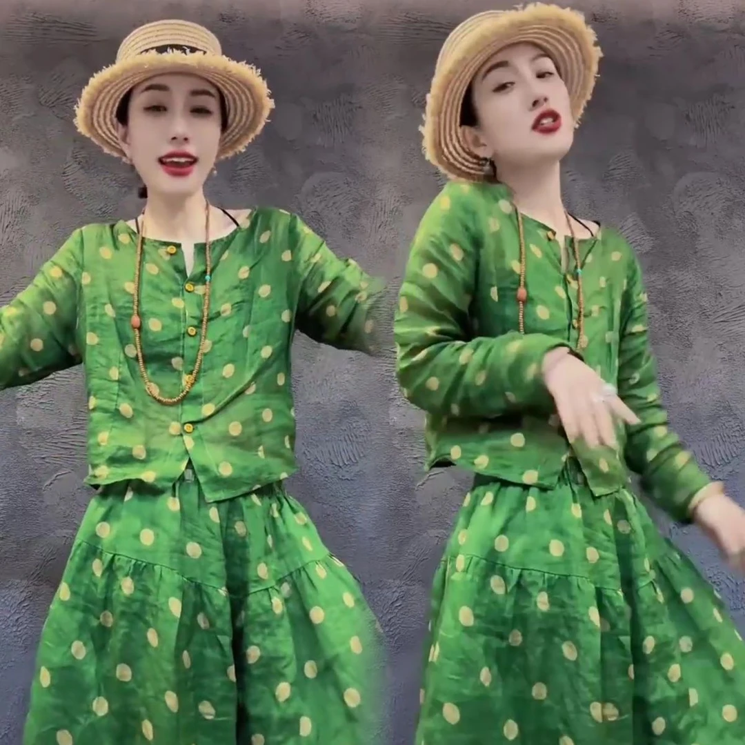 秋季新款复古新中式苎麻印花上衣套装宽松大码拼接南瓜裤两件套女