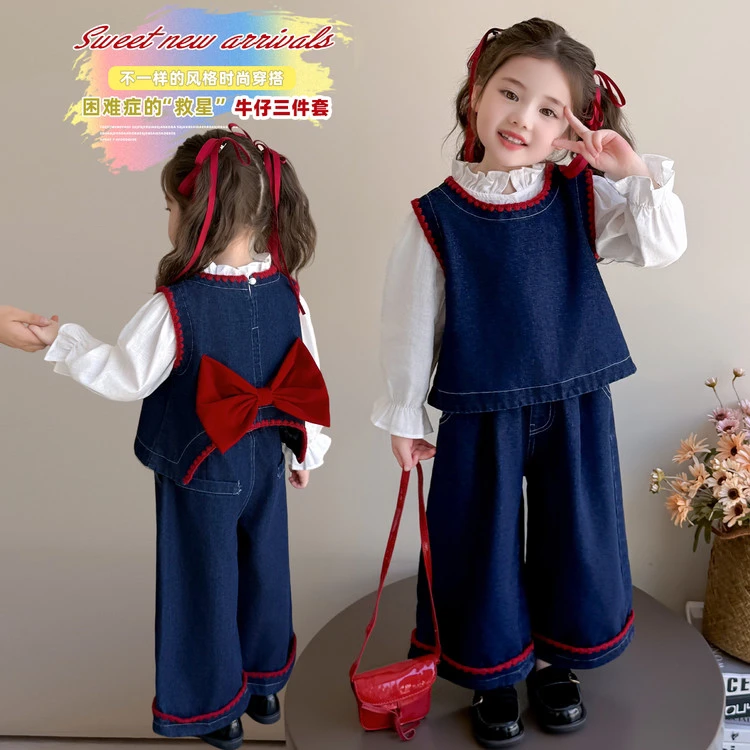 女宝宝套装春秋装2025新款洋气儿童时髦蝴蝶结牛仔三件套女童衣服