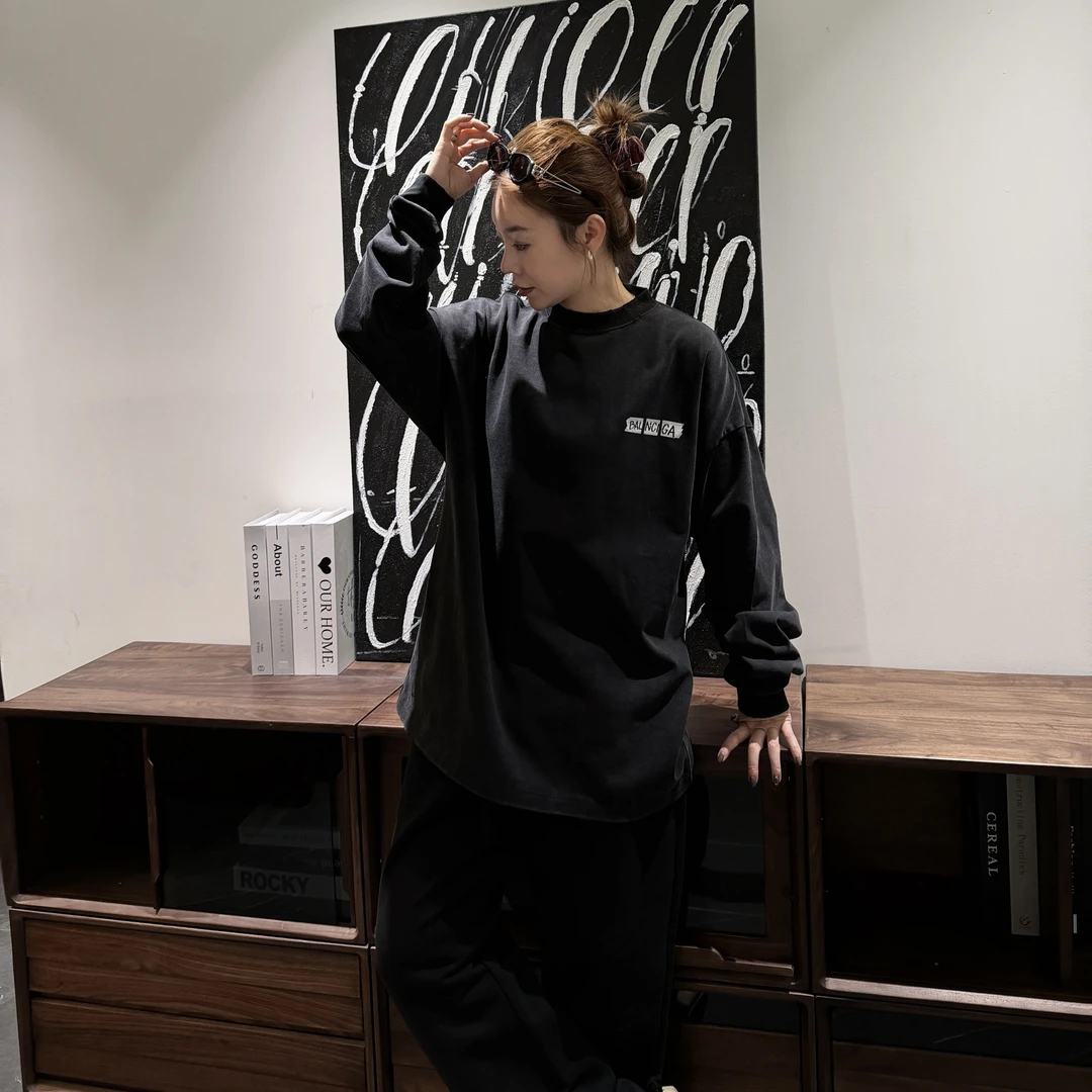 宽松休闲【胶带做旧长袖T恤】D28414