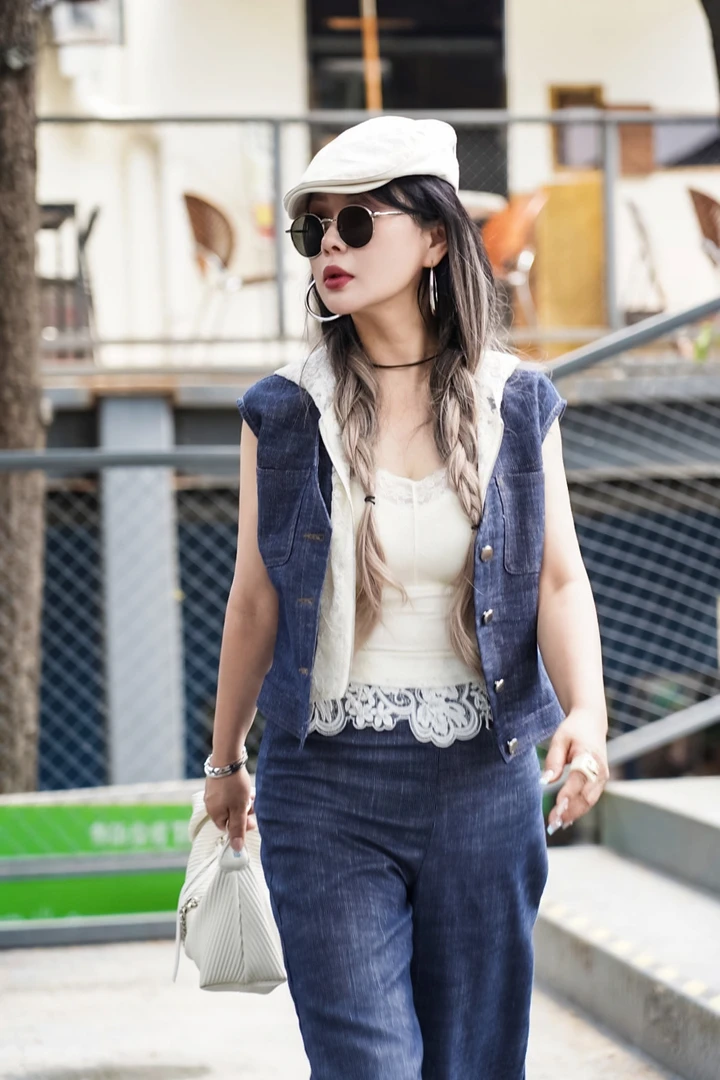 【澜姐推荐】时尚休闲显瘦夏季牛仔拼蕾丝套装 60720