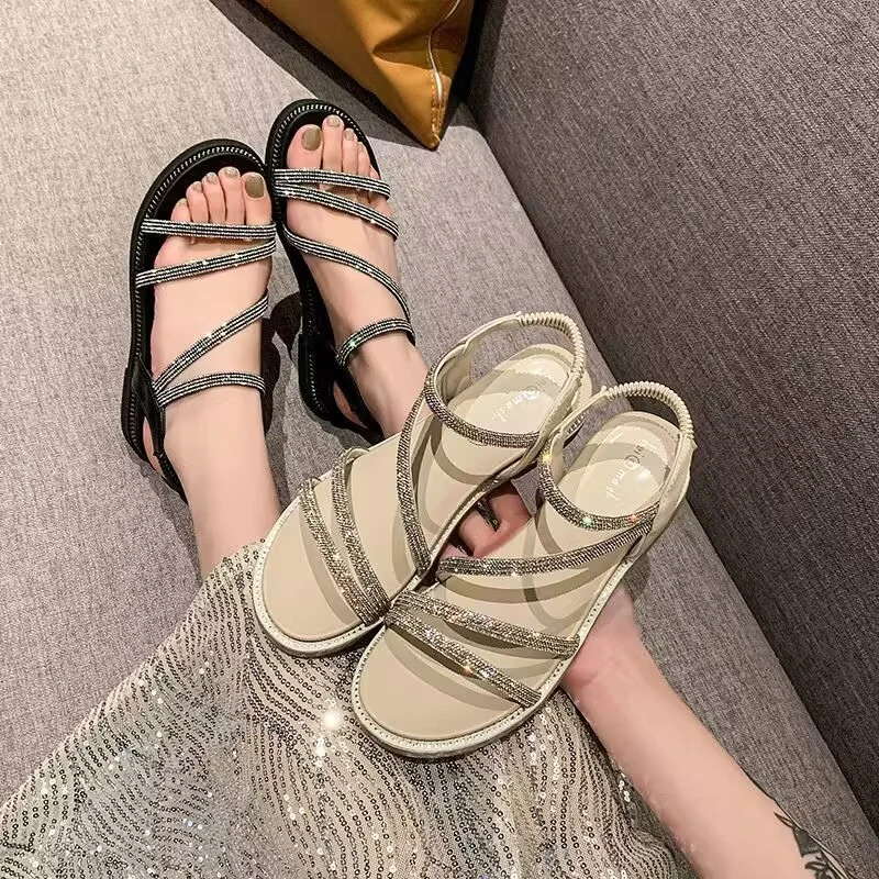 水钻时装凉鞋女坡跟低跟露趾女鞋2025年新款仙女风夏季女鞋软底