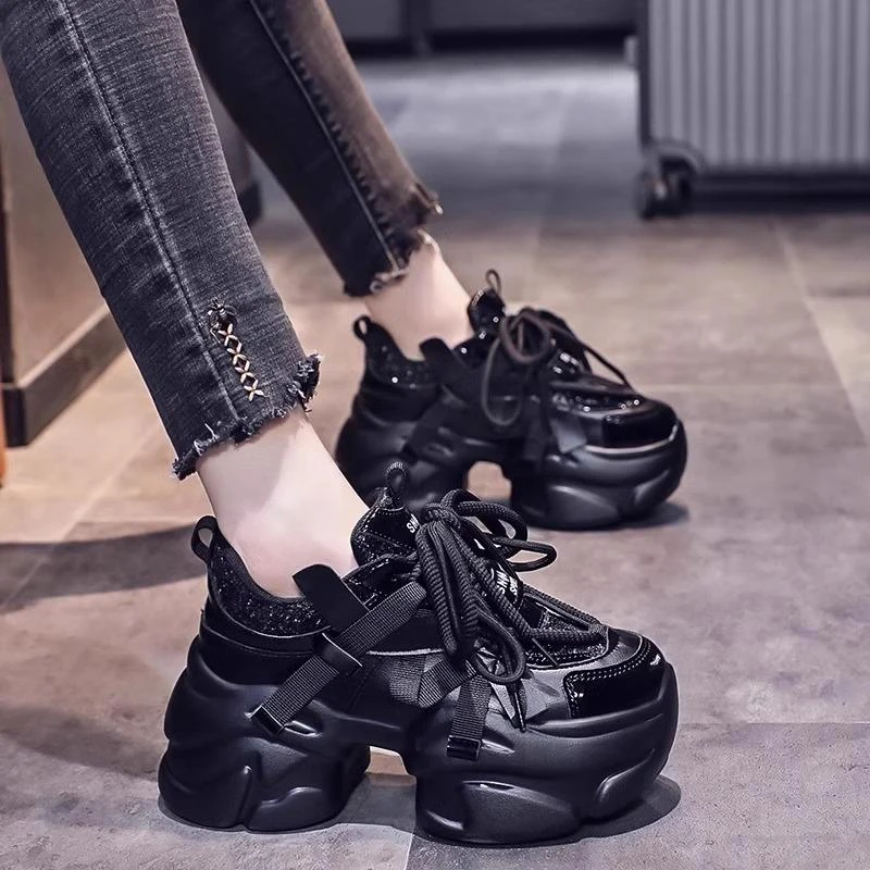 香港真皮黑色老爹鞋女2025春秋新款松糕厚底小个子增高休闲运动鞋