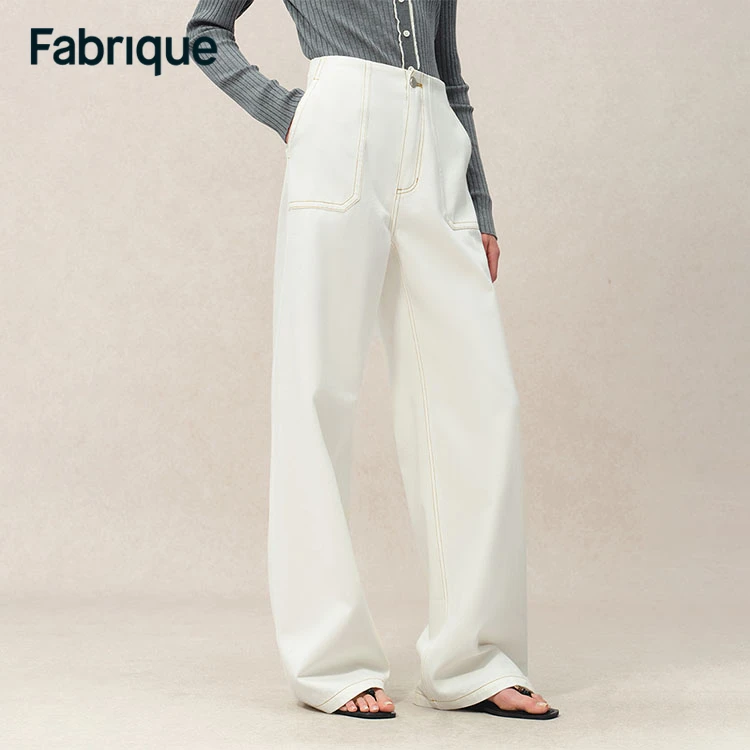 Fabrique【高伯伯同款】新款牛乳白纯莱赛尔棉明线高腰阔腿牛仔裤
