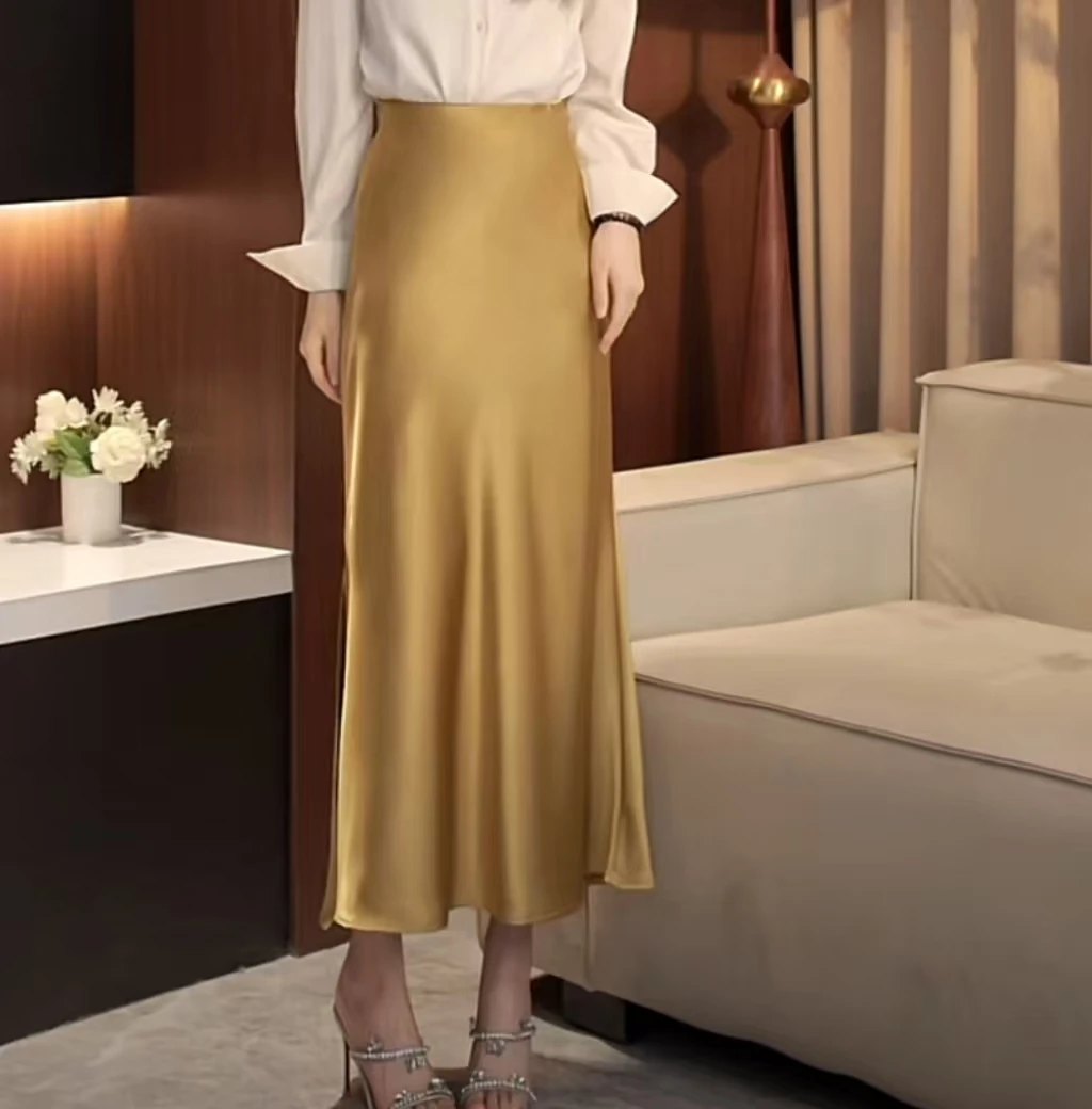 2025春季新款醋酸松紧腰长裙侧开叉半裙肌理感缎面半身裙女