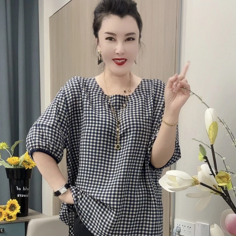 3967夏季女士文艺简约短袖圆领套头衫上衣格子后美背气质百搭