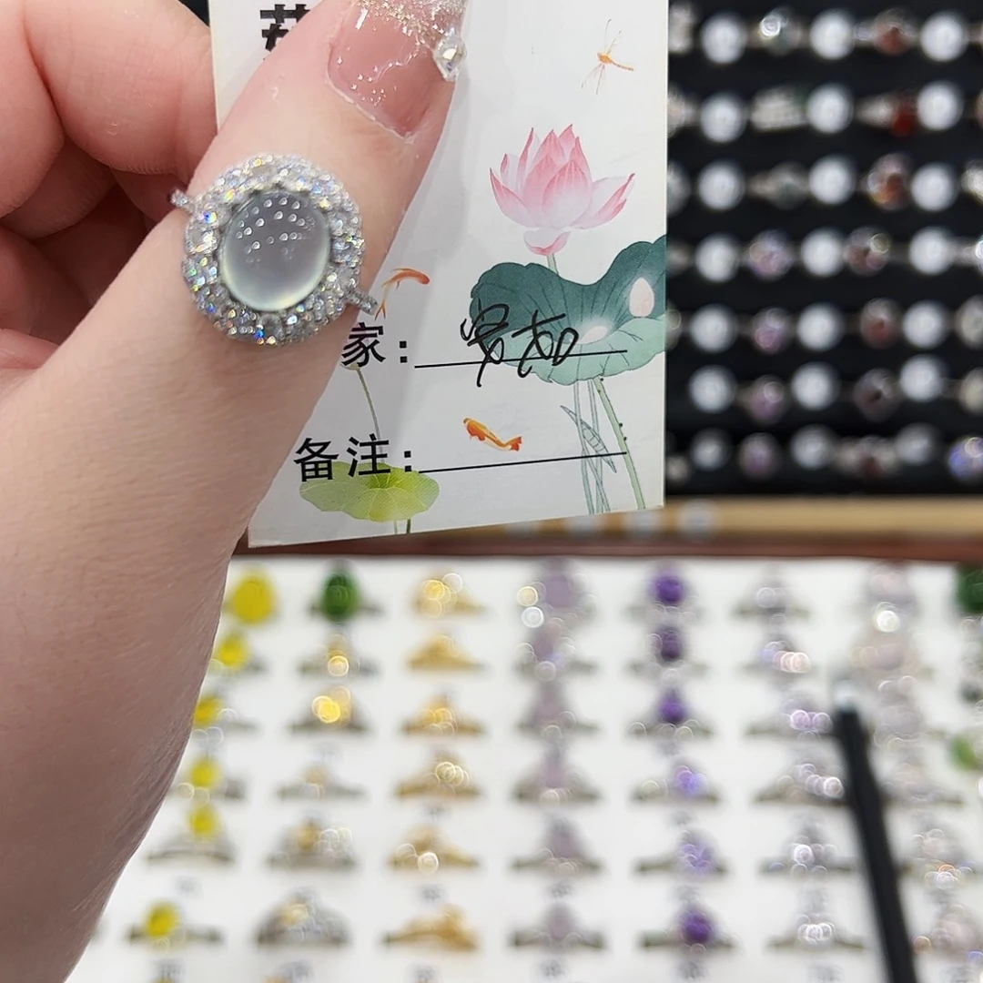安***窦蛇纹石玉银S925镶嵌戒指戒指