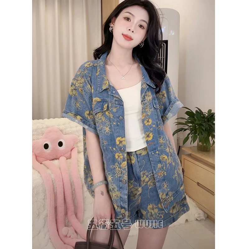 新中式印花牛仔套装2025新款女夏季宽松网红酷飒衬衫短裙一整套
