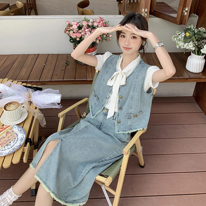 复古港风高级感毛边牛仔套装裙女2025夏季新款小众气质通勤三件套