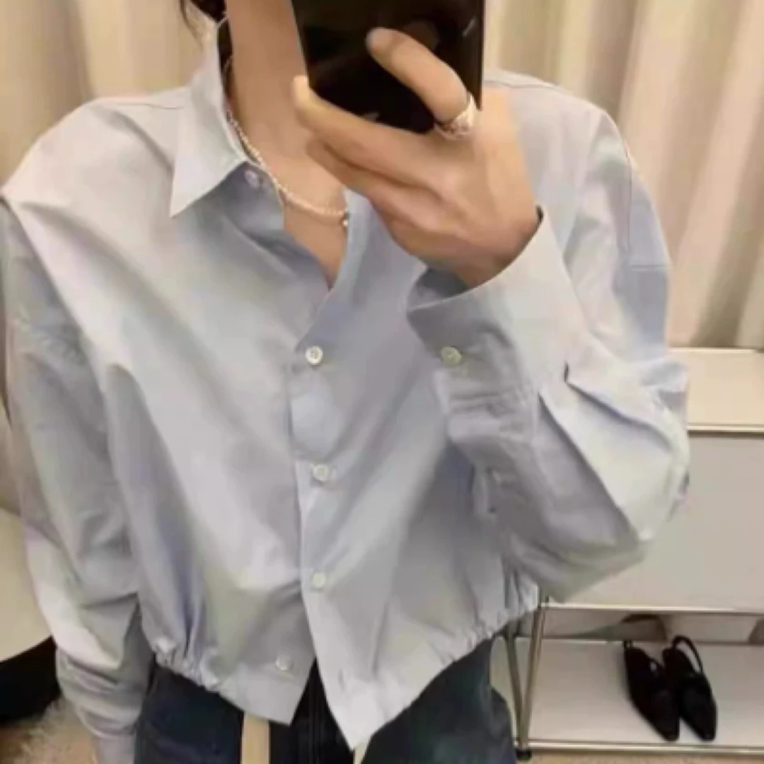 现bruni 女韩国东正品代2025春夏新款翻领宽松下摆抽绳长袖衬衫