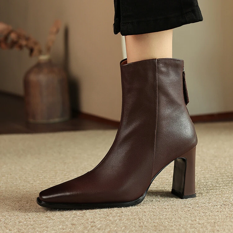 8cm~法式气质方头粗跟韩系小短靴高跟真皮瘦瘦靴女小众简约后拉链