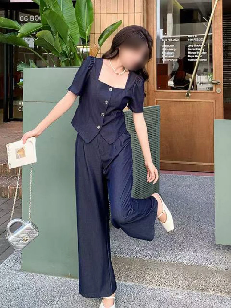 薄款牛仔阔腿裤两件套2025新款时尚气质短袖上衣长裤套装