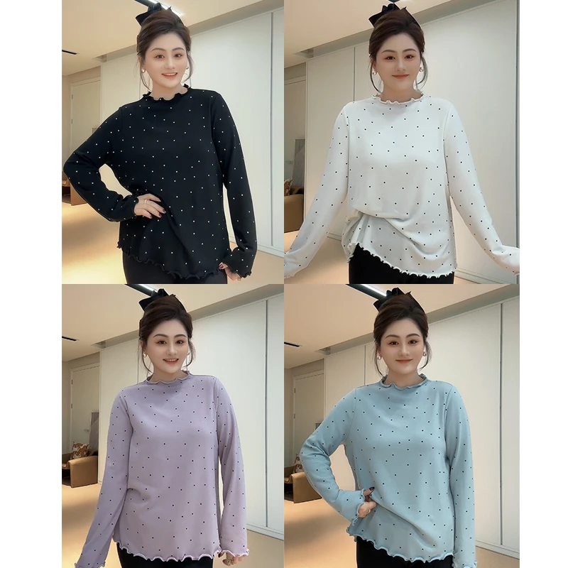 【胖佳佳】减龄波点 加绒波点T恤减龄木耳边打底上衣女H624Y20049