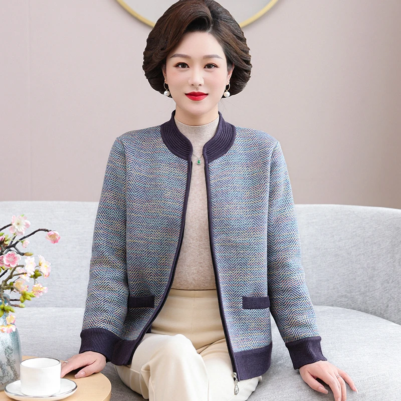 妈妈装2025秋冬新款弹力针织洋气中老年加绒加厚保暖短款开衫外套