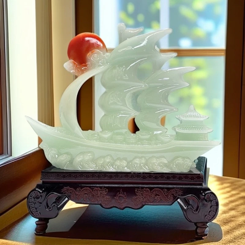 长30高30公分红花冰玉一帆风顺帆船玄关博古架办公桌工艺品摆件