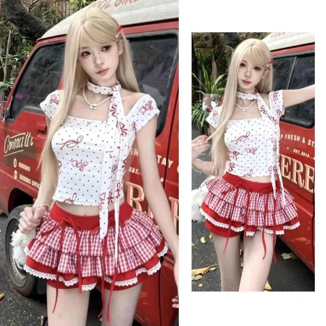 一整套美式辣妹套装女夏季蝴蝶结衬衫吊带上衣红色格子半裙蓬蓬裙