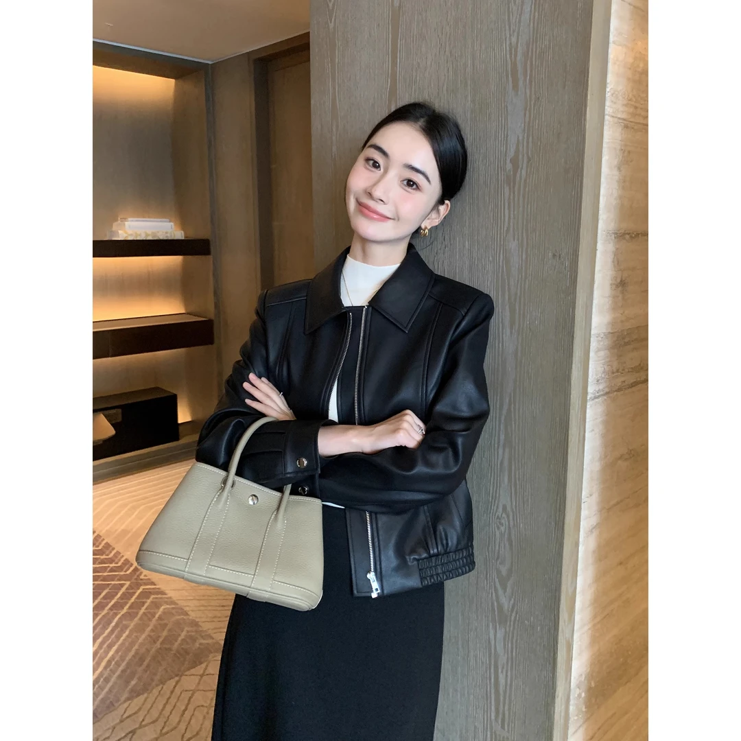 宽松复古超酷黑色皮衣女外套2025秋冬新款宽松休闲西装外套皮夹克