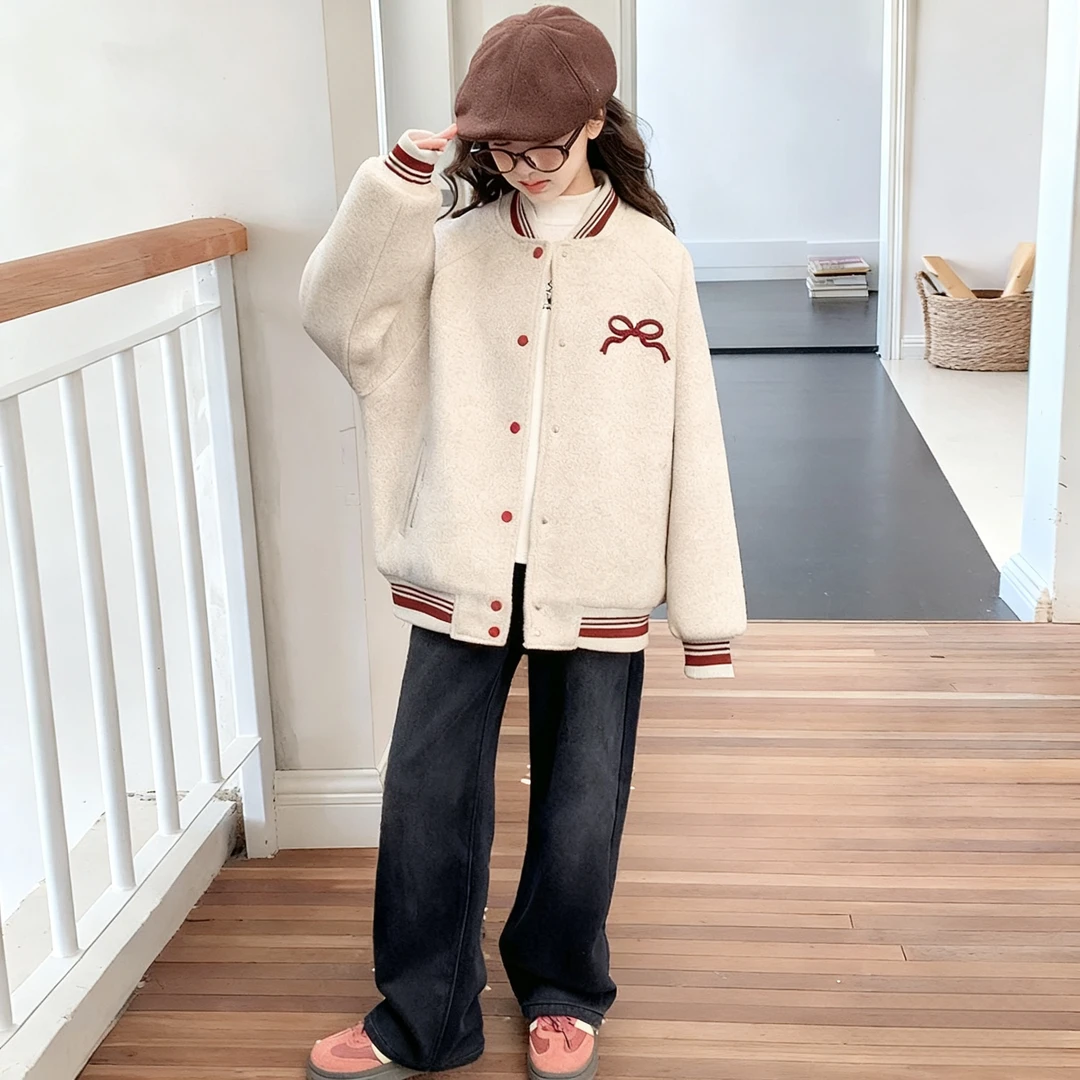 女童秋冬季休闲外套6-12岁中大童洋气蝴蝶结棒球服韩版加绒开衫潮