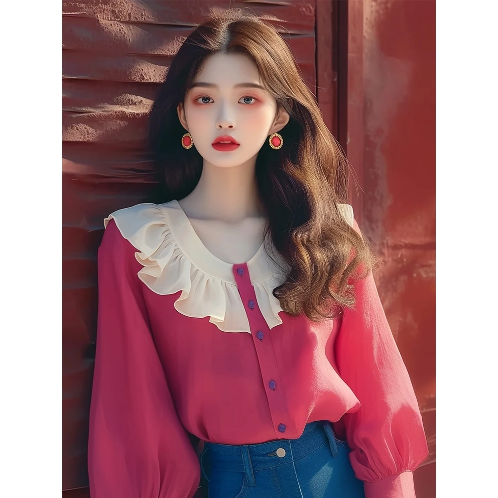 2024早秋新款法式独特小上衣温柔风韩系减龄玫红色雪纺荷叶边衬衫