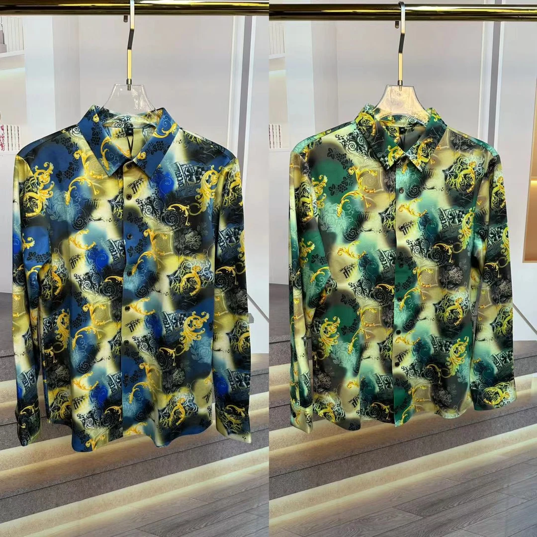 FLD男秋冬桑蚕丝绵羊毛印花无缝高品质欧货弹力时尚碎花长袖衬衫