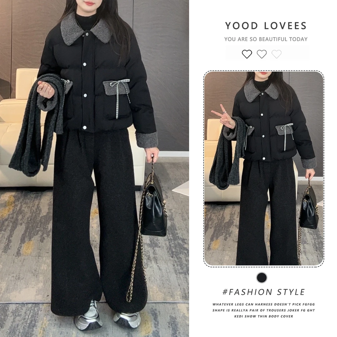 2025冬季时尚设计感撞色翻领棉服保暖休闲显瘦长裤两件时尚套装潮