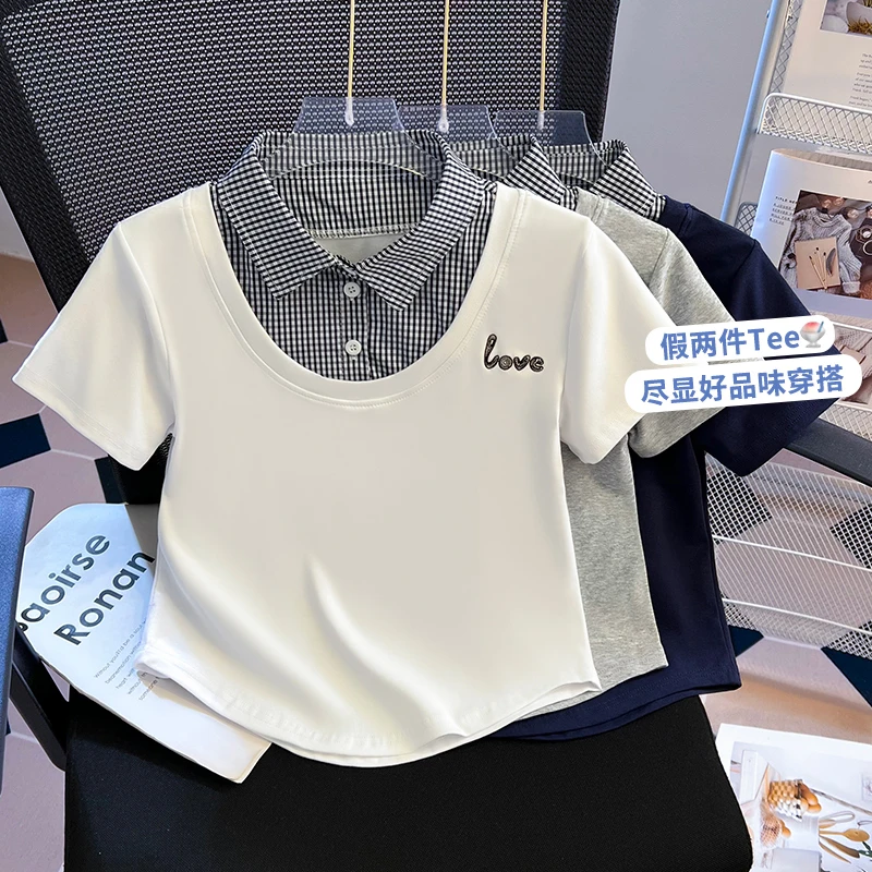 2025夏季新款假两件polo格子领短袖t恤女宽松显瘦中大童打底上衣