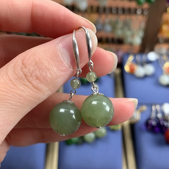 和田玉银S925镶嵌耳饰12左右晴水绿