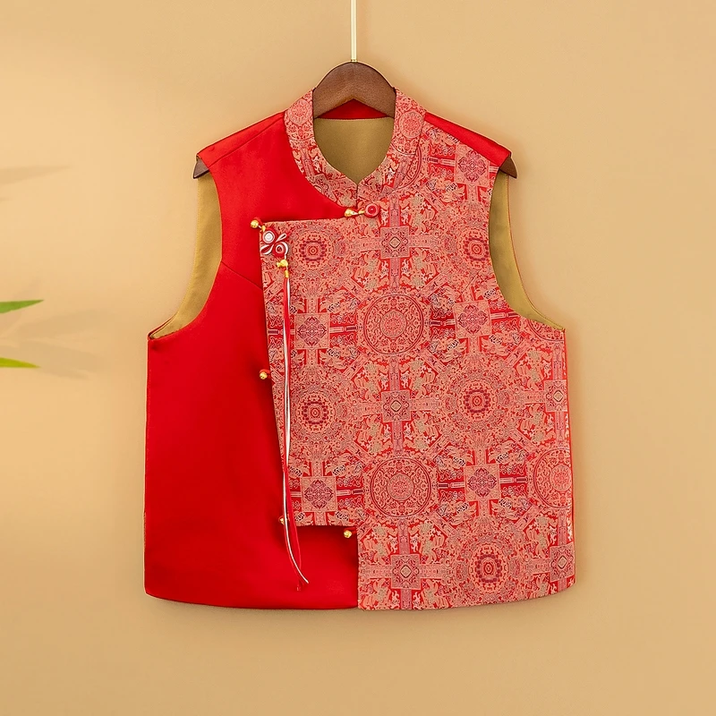 【锦婵】新款国风马甲新中式宽松立领提花气质女装马夹外套上衣