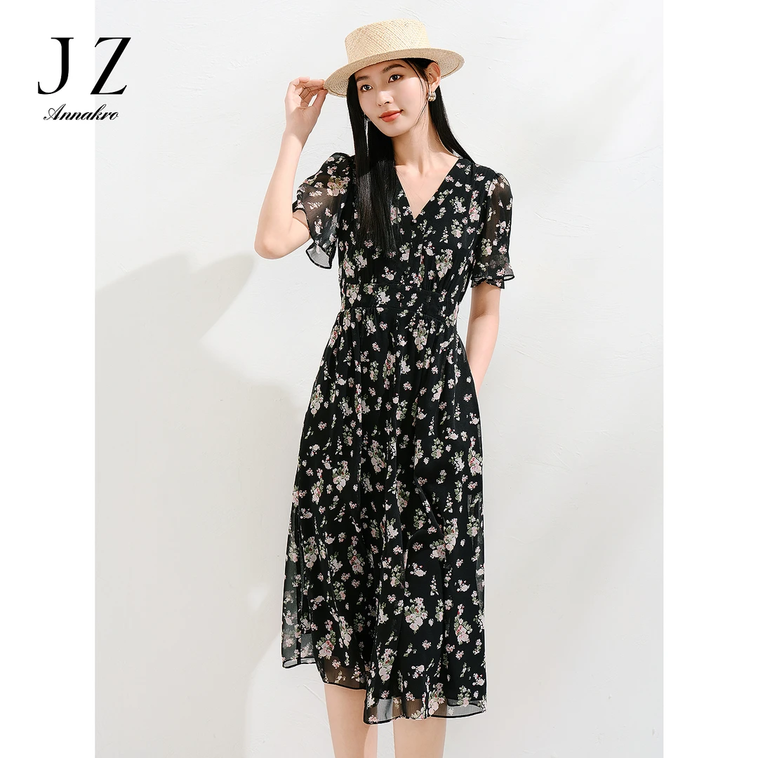 玖姿安娜蔻浪漫法式碎花收腰开叉连衣裙2025夏新款KWFX50036