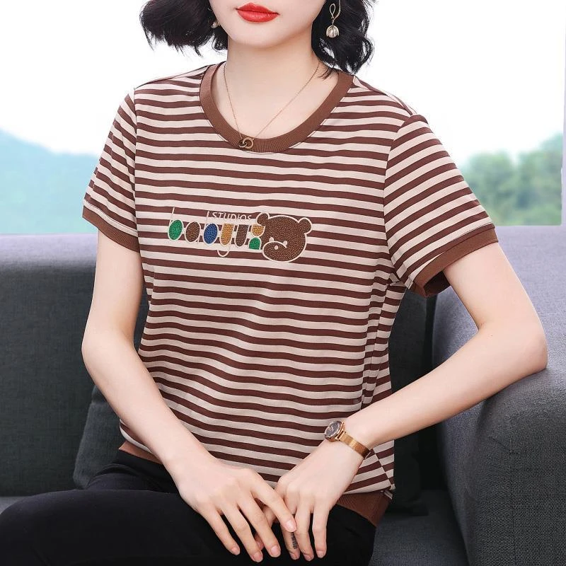 妈妈短袖恤女 新款2025夏装纯棉衣服半袖小衫中老年洋气条纹