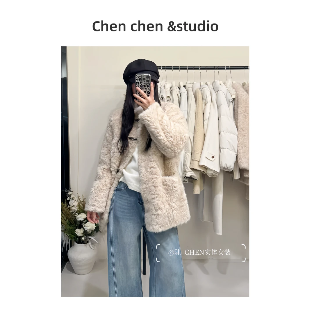 人造皮草 【牛角扣中长款环保皮草外套】冬季气质软糯毛毛外套新年