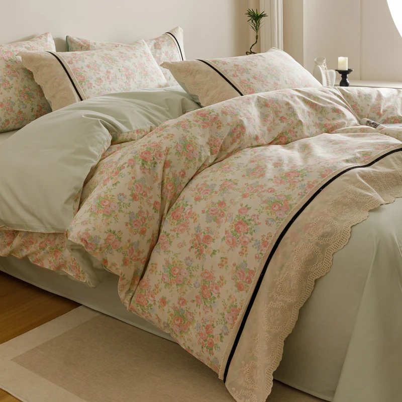 法式中古风全棉四件套纯棉镂空花边被套床单田园复古床上用品1.8m