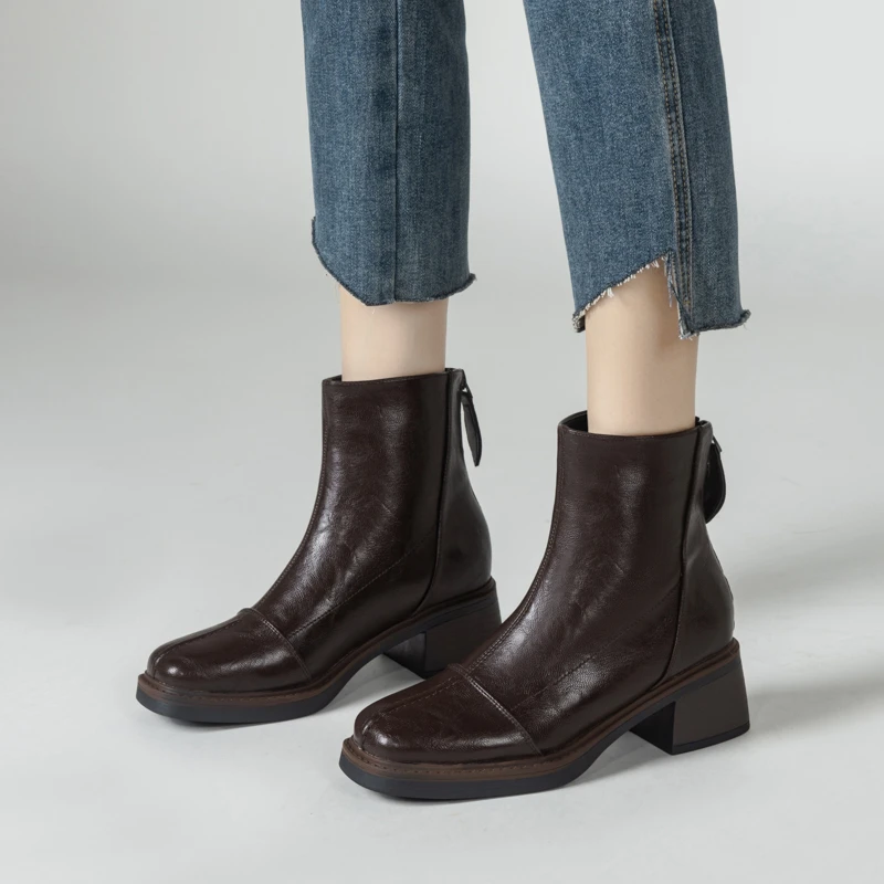 2025新款秋冬真皮靴子冬季切尔西女鞋高跟鞋子加绒短靴女靴复古