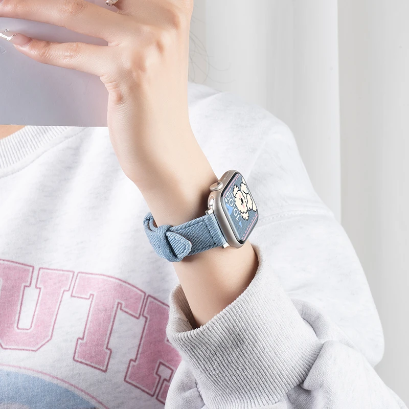 适用iwatch苹果S10手表表带applewatch9/8/7复古牛仔表带女生简约