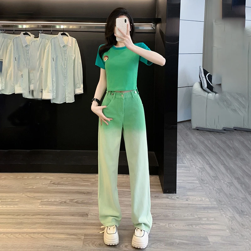夏季减龄套装女绿色T恤短袖显瘦上衣辣妹直筒阔腿牛仔长裤两件套