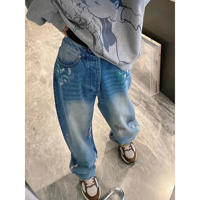 春秋新款涂鸦印花水洗高腰阔腿牛仔裤女气质时尚休闲百搭直筒长裤