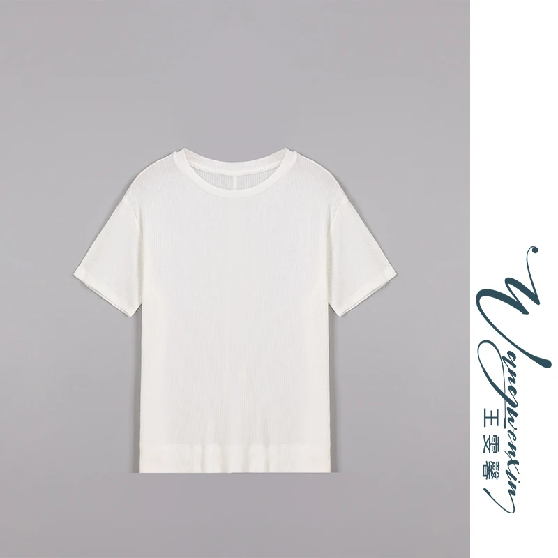 【王雯馨】“白色信封”竖坑条肌理感 极简高弹力 圆领显瘦 针织T恤