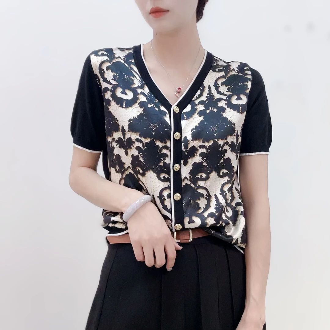 SS【25026】2025夏3D立体印花桑蚕丝拼接开衫短袖