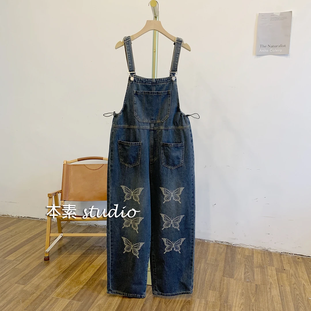 C3207印花蝴蝶腰侧抽绳可调节牛仔背带裤