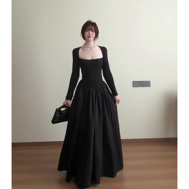 2025秋季新款女法式气质方口领收腰显瘦中长款长袖连衣裙女X11301