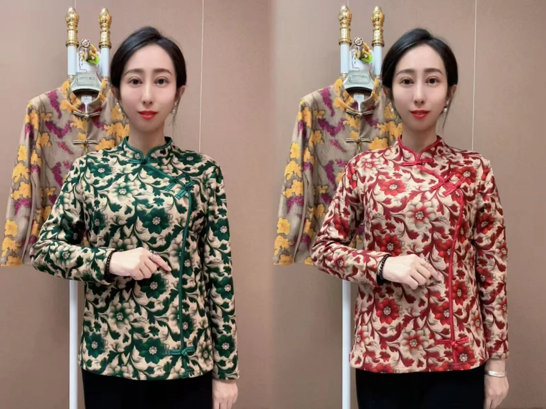 新款妈妈装立领盘扣复古唐装海棠花加厚上衣2025