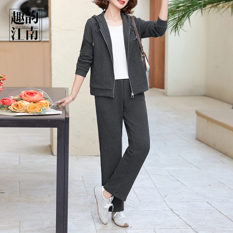 趣韵江南妈妈装春秋连帽休闲运动装中老年女时尚宽松两件套